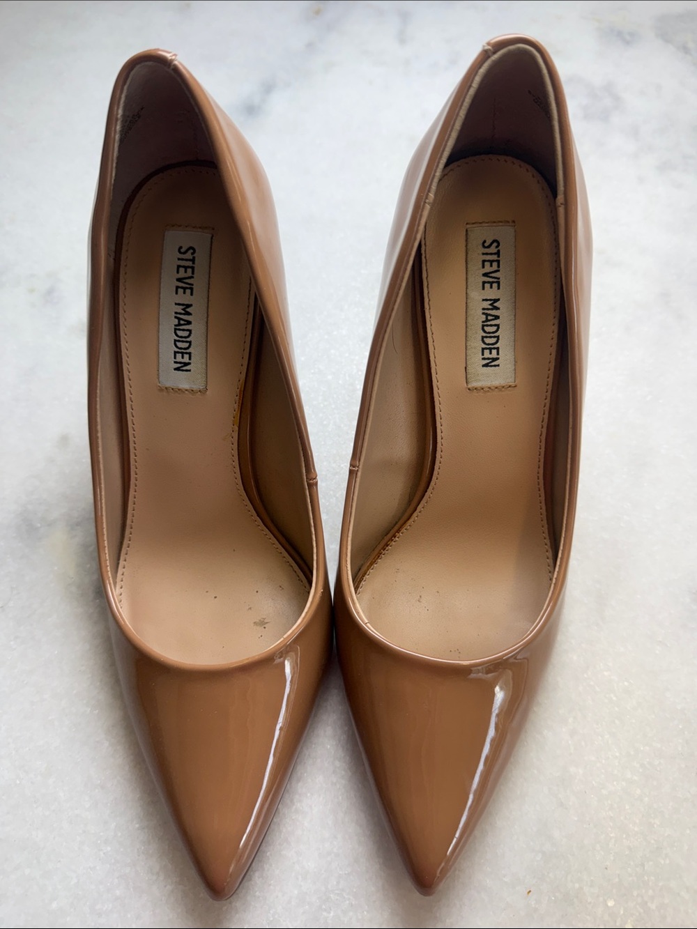 Steve Madden Beige Patent Pointed-Toe Pumps